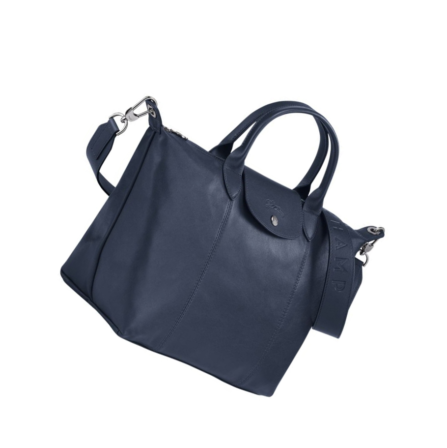 Longchamp Le Pliage Cuir M Håndveske Dame Marineblå | NO-PR3891