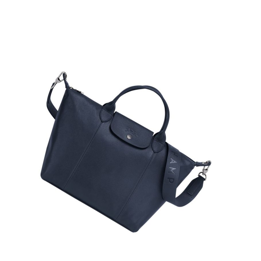 Longchamp Le Pliage Cuir M Håndveske Dame Marineblå | NO-PR3891