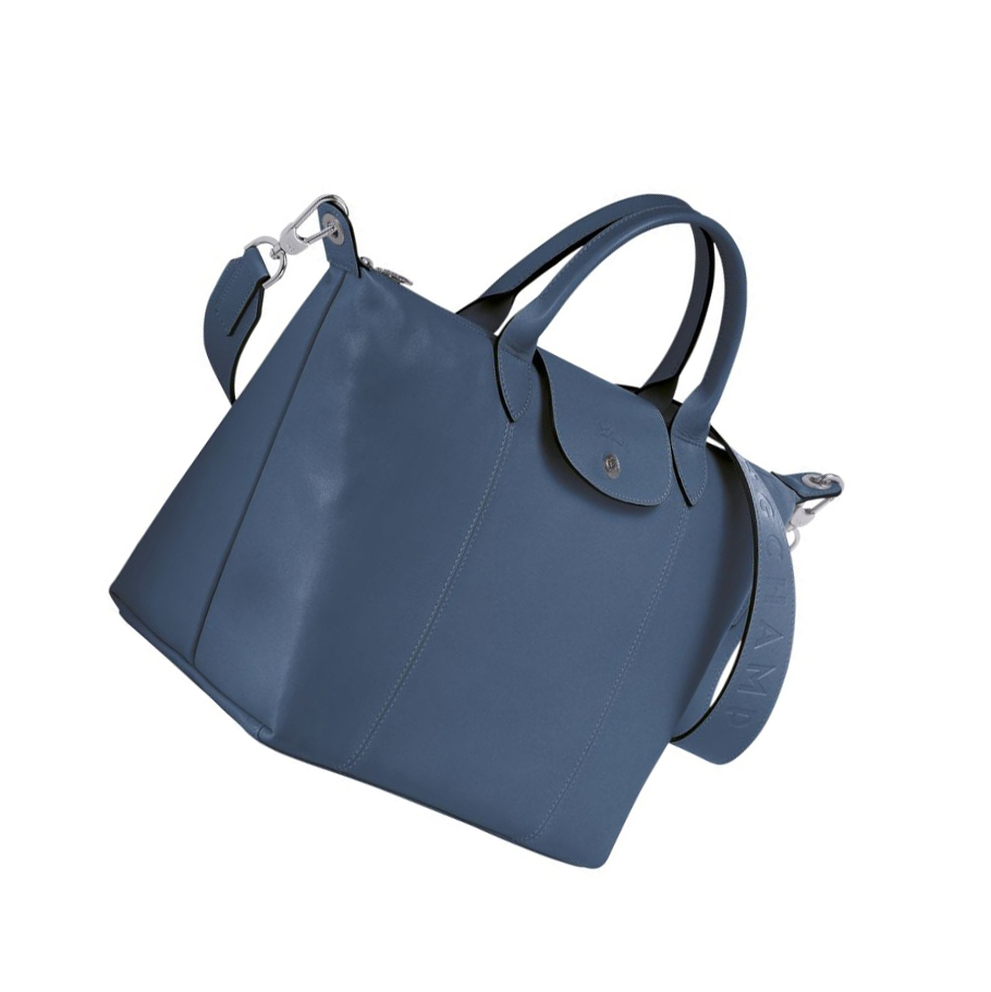 Longchamp Le Pliage Cuir M Håndveske Dame Blå | NO-WZ3096